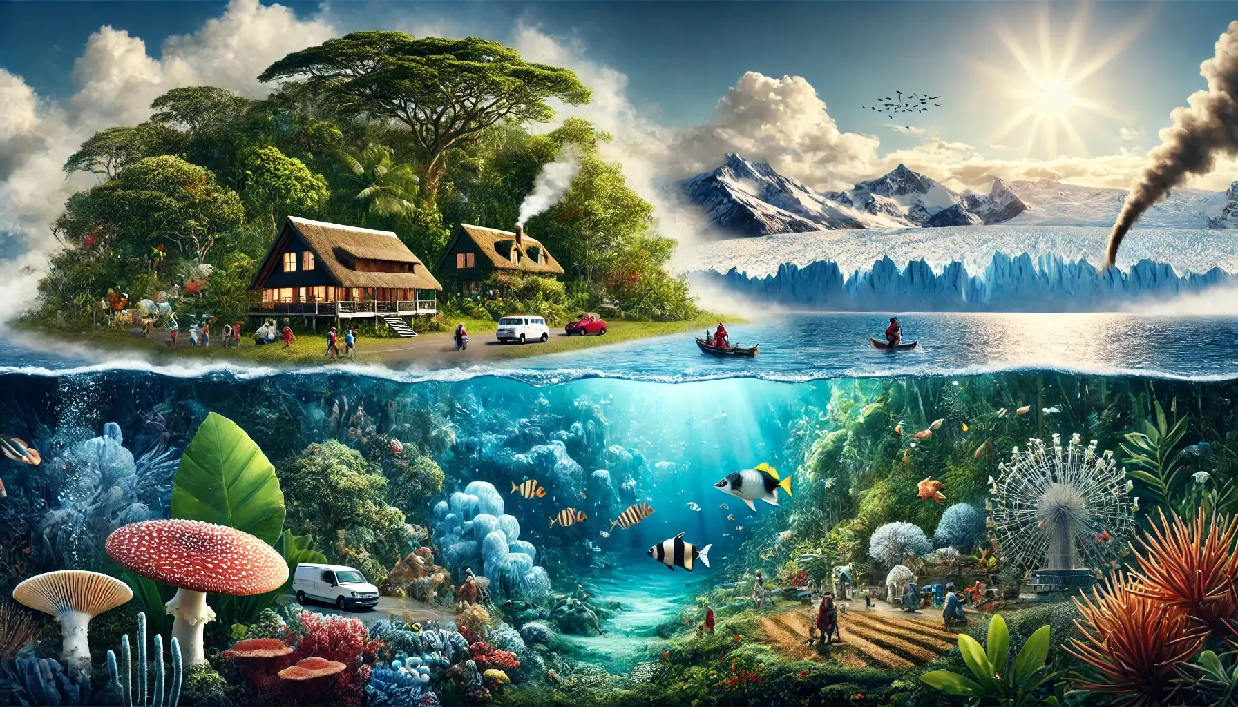 Dall e 2024 10 30 14 45 27 a visually compelling image illustrating the impact of climate change on biodiversity and human societies the image features a montage of key ecosyst